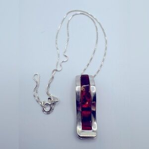 Sterling Silver Vintage Real Amber Modernist Slide Pendant with SS Chain